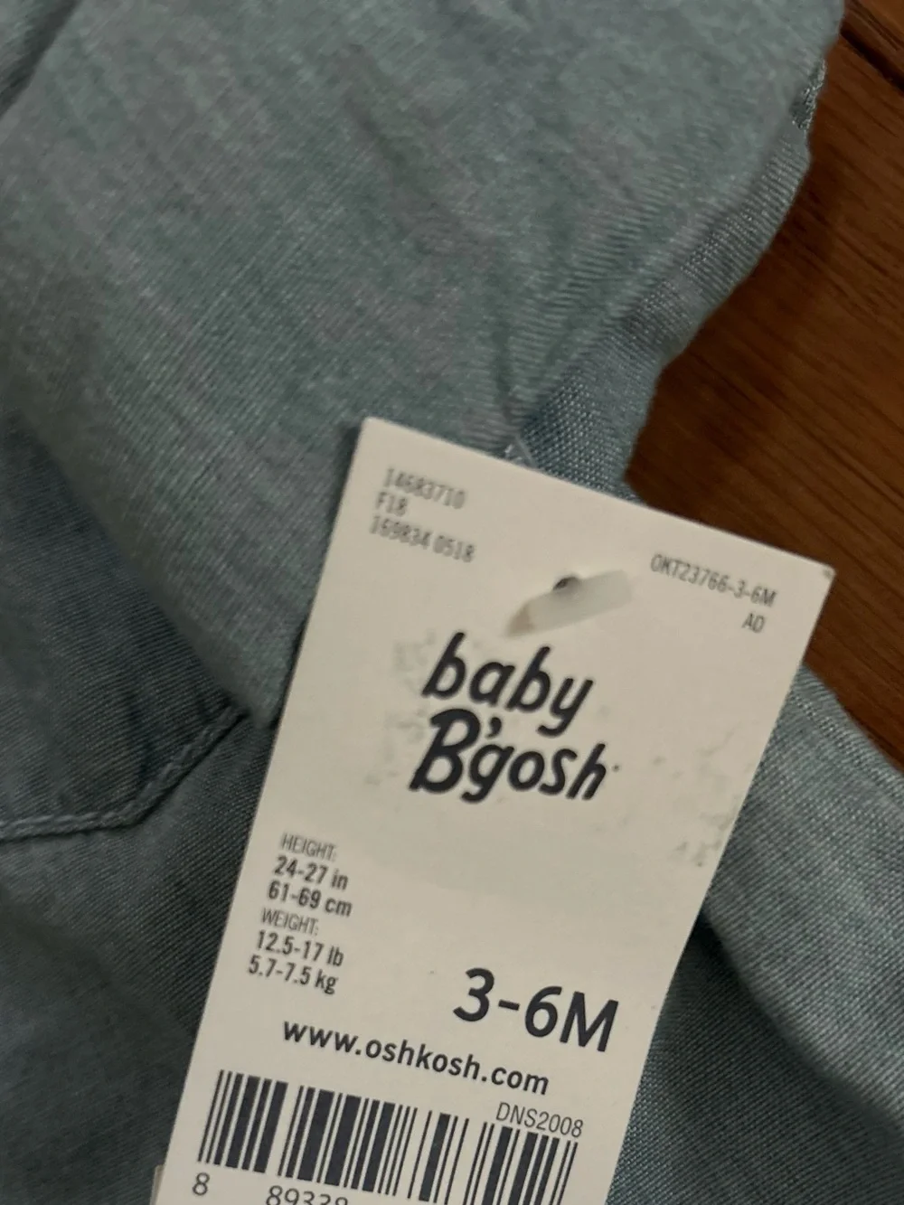 Oshkosh Baby Boy Chambray Button-Up One-Piece Bodysuit -Light Blue Size 3-6M NWT